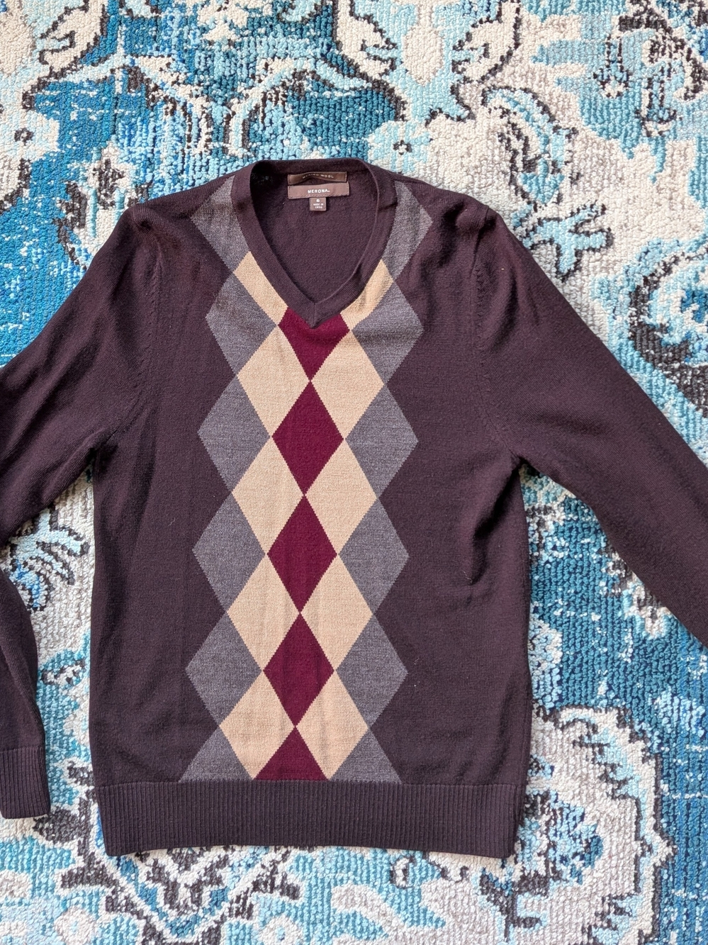 V-neck Argyle Sweater - Dark Brown with Burgundy & Gray